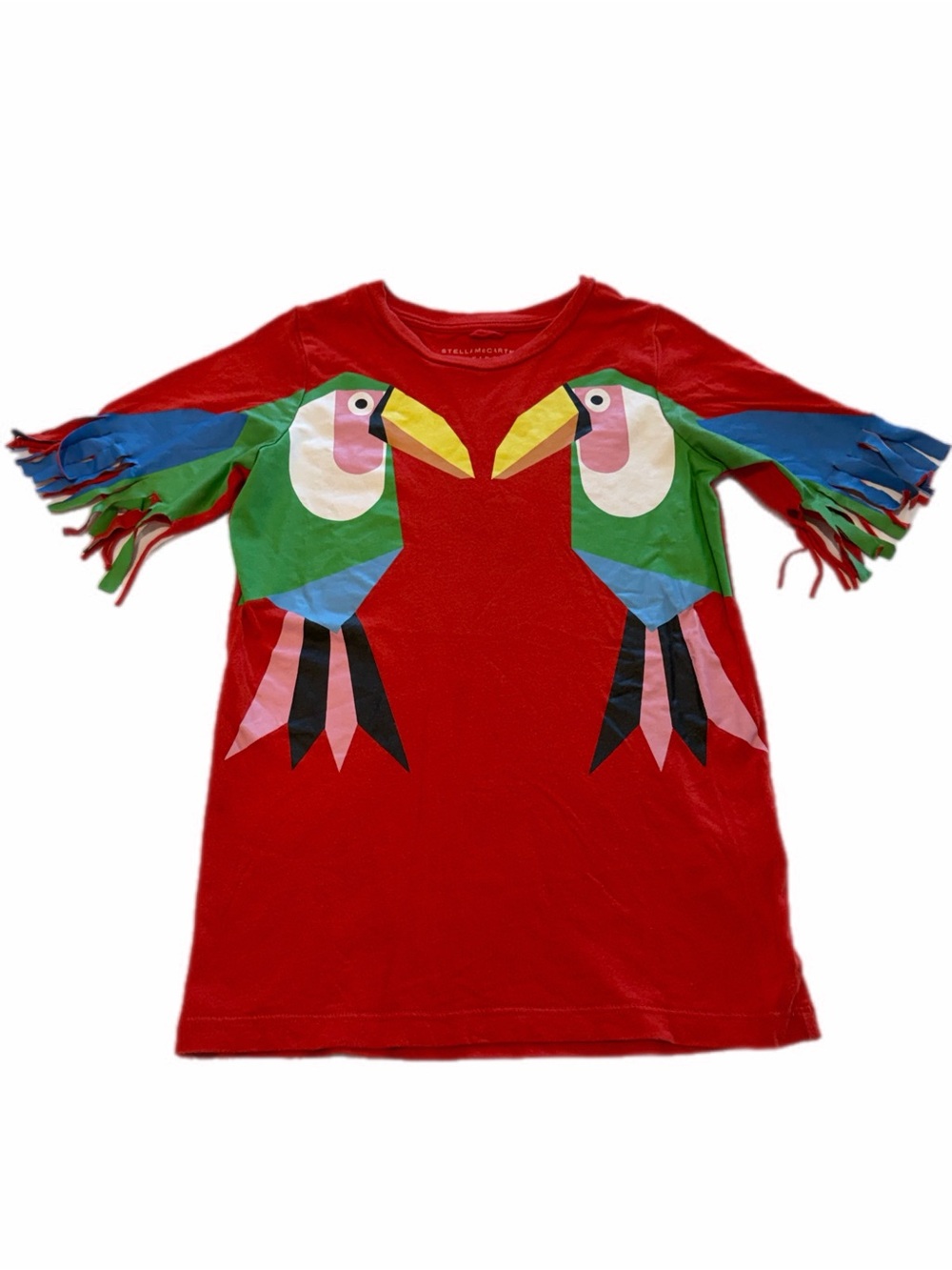 Stella McCartney Red Toucan Print Kids Tee Shirt Dress with Fringe